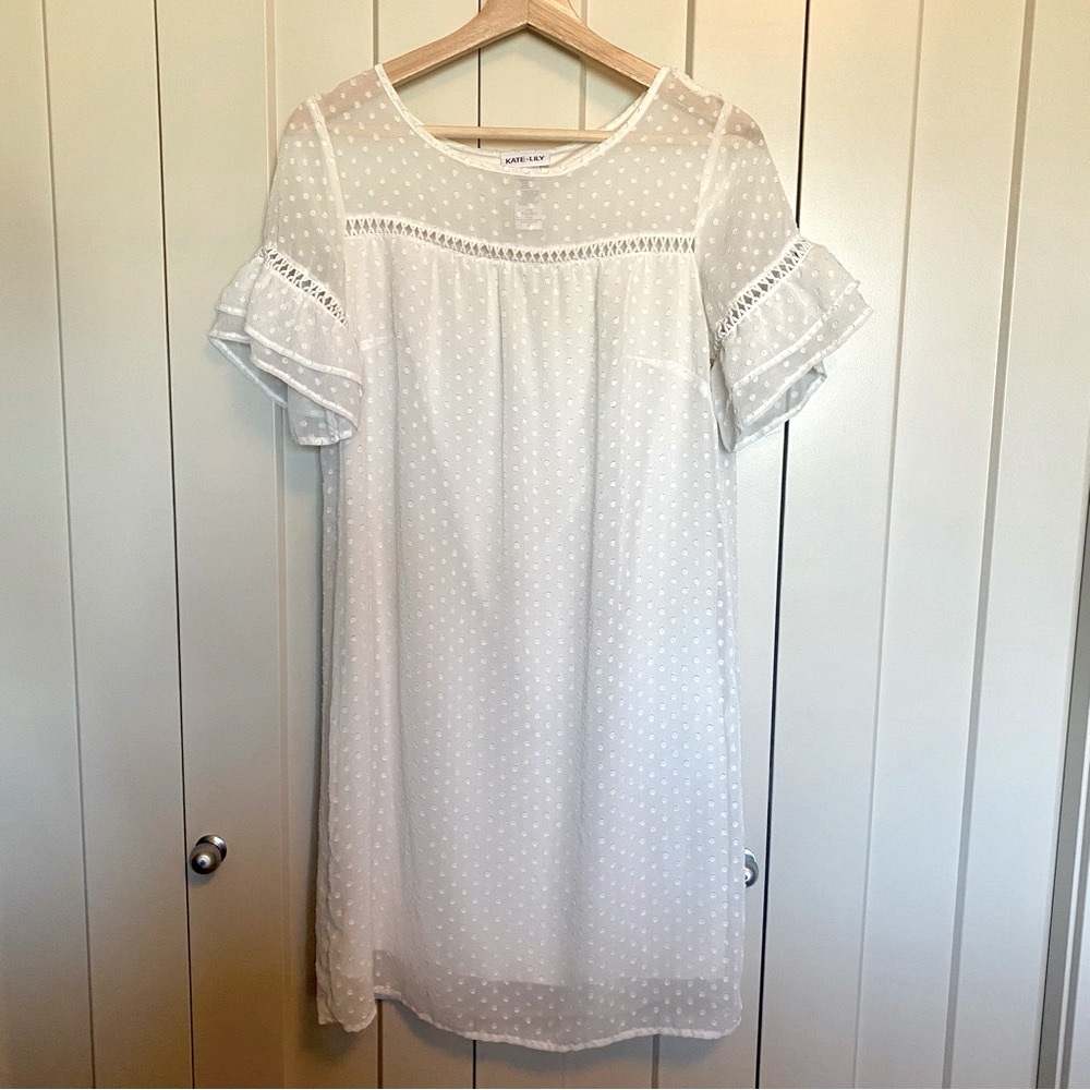 Kate Lily -Elegant White Shift  Dress-Lace-Polka Dot-Formal-Summer-Size 8